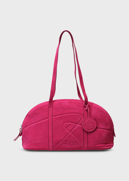 Pink handbag with a brand logo on a light gray background