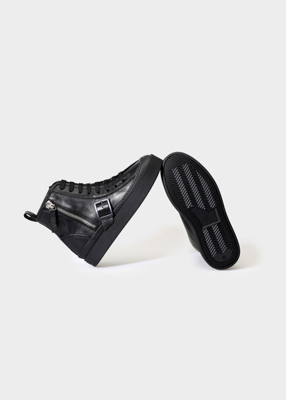 Black high-top sneakers on a white background