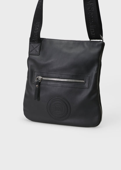 Black leather shoulder bag with a visible brand logo on a white background